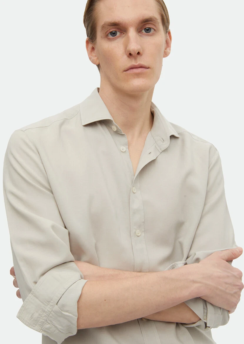 Gri Düz Regular Fit Dokuma Casual Keten Karışımlı Gömlek - 4