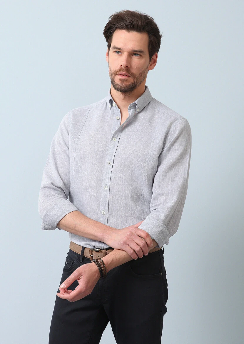 Gri Düz Regular Fit Dokuma Casual Pamuk Karışımlı Gömlek - 3