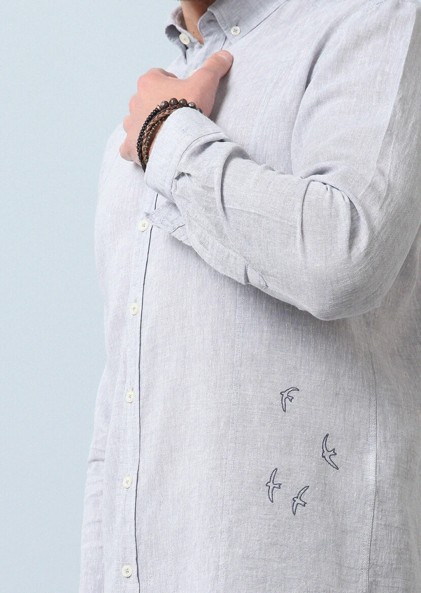 Gri Düz Regular Fit Dokuma Casual Pamuk Karışımlı Gömlek - 5