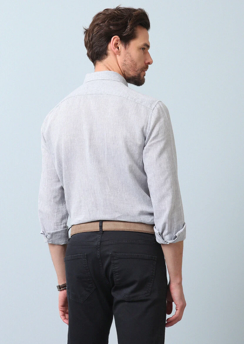 Gri Düz Regular Fit Dokuma Casual Pamuk Karışımlı Gömlek - 6