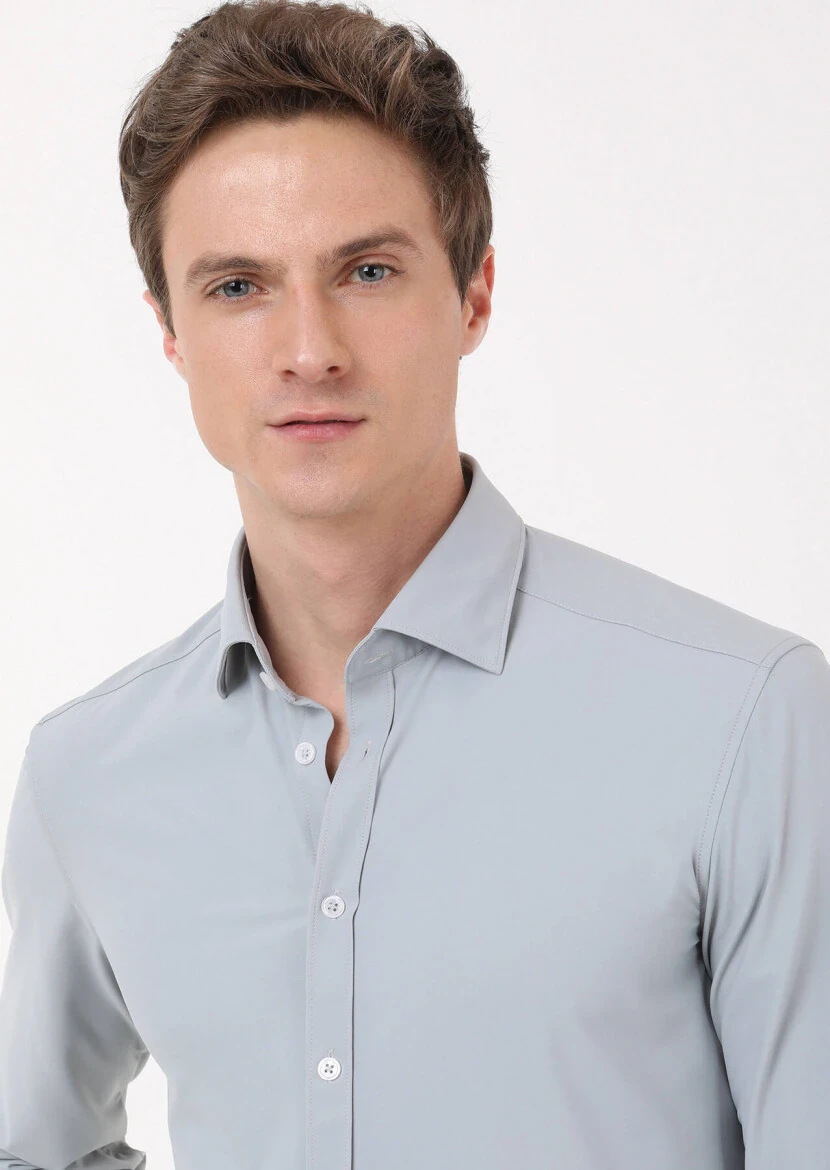Gri Düz Regular Fit Dokuma Klasik Gömlek - RAMSEY