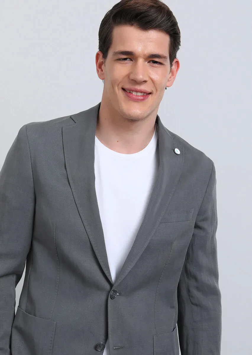 Gri Düz Shirt Shoulder Slim Fit Keten Karışımlı Takım Elbise - 4