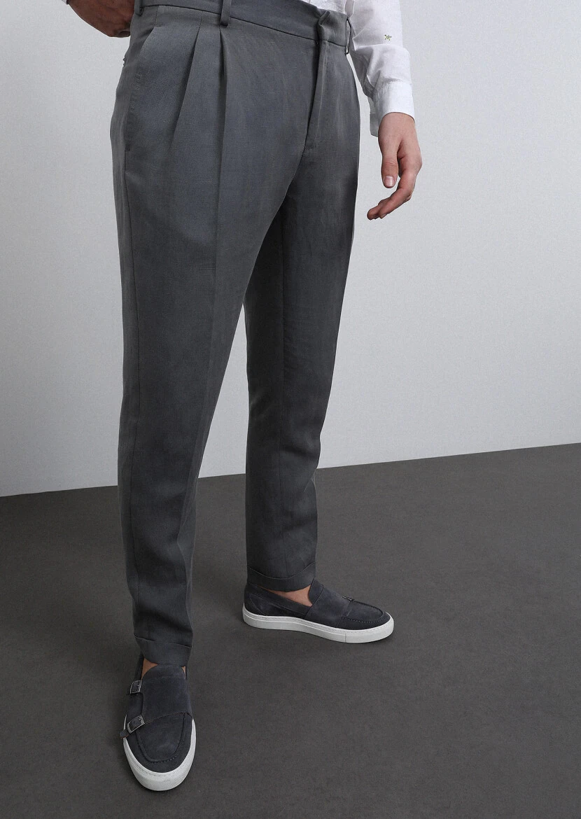 Gri Düz Shirt Shoulder Slim Fit Keten Karışımlı Takım Elbise - 6