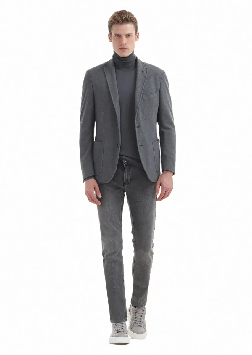 Gri Düz Shirt Shoulder Slim Fit Pamuk Karışımlı Örme Ceket - 1