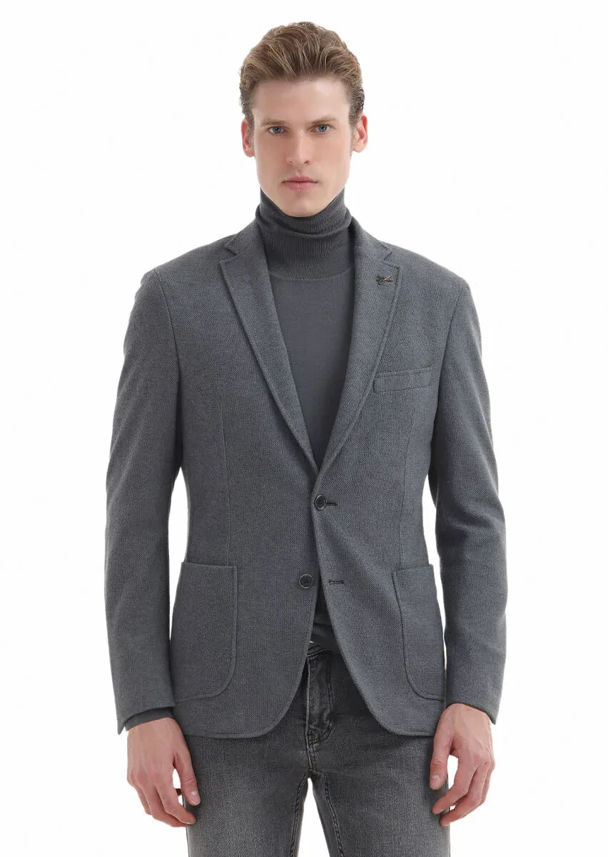 Gri Düz Shirt Shoulder Slim Fit Pamuk Karışımlı Örme Ceket - 2