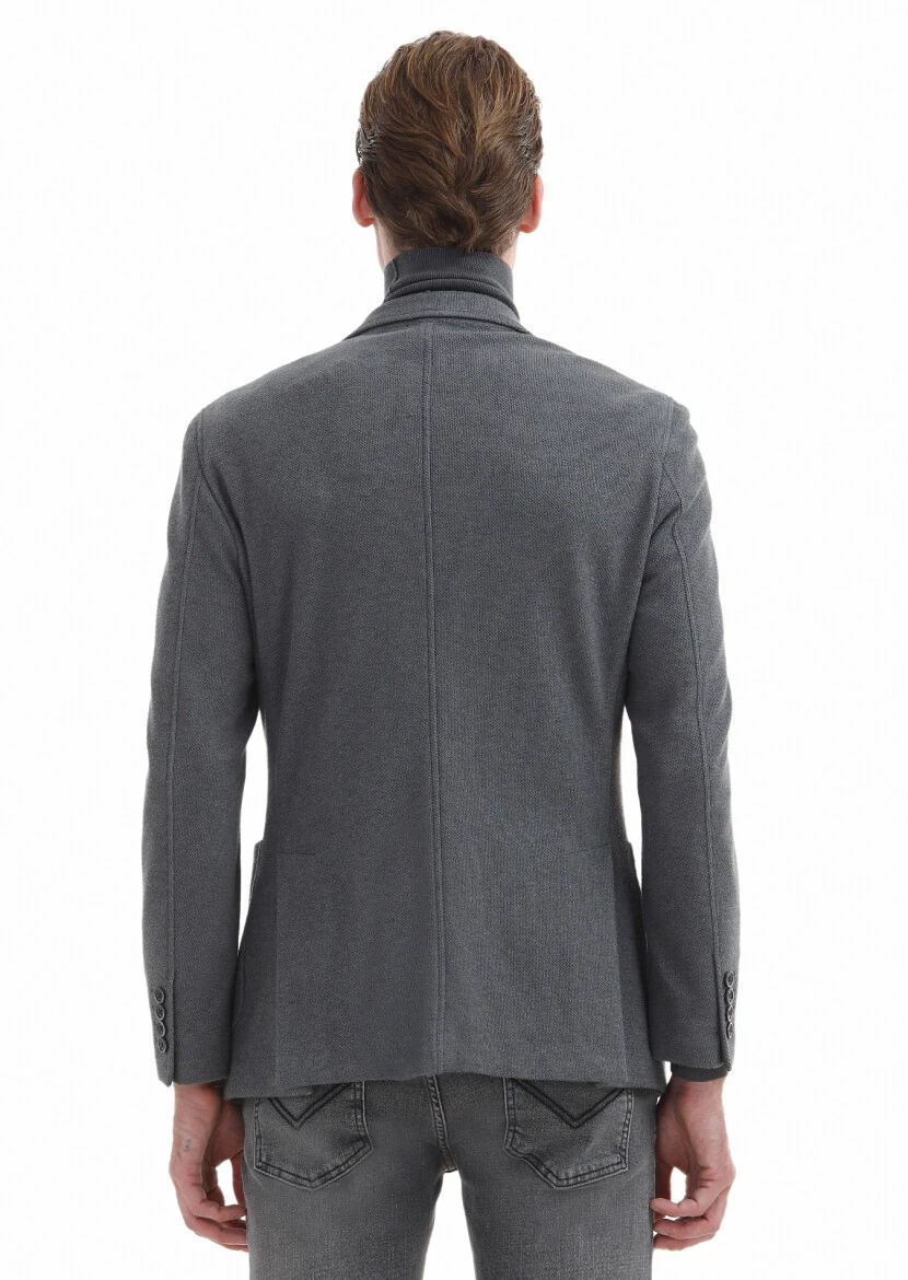 Gri Düz Shirt Shoulder Slim Fit Pamuk Karışımlı Örme Ceket - 5