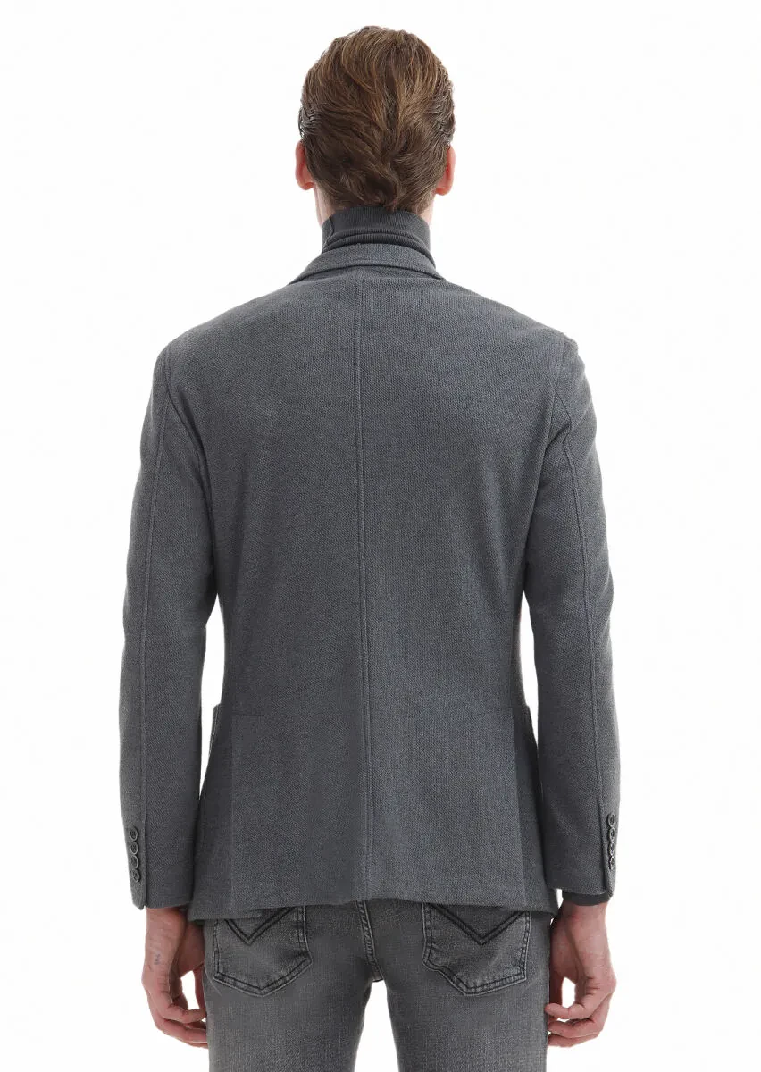 Gri Düz Shirt Shoulder Slim Fit Pamuk Karışımlı Örme Ceket - 5