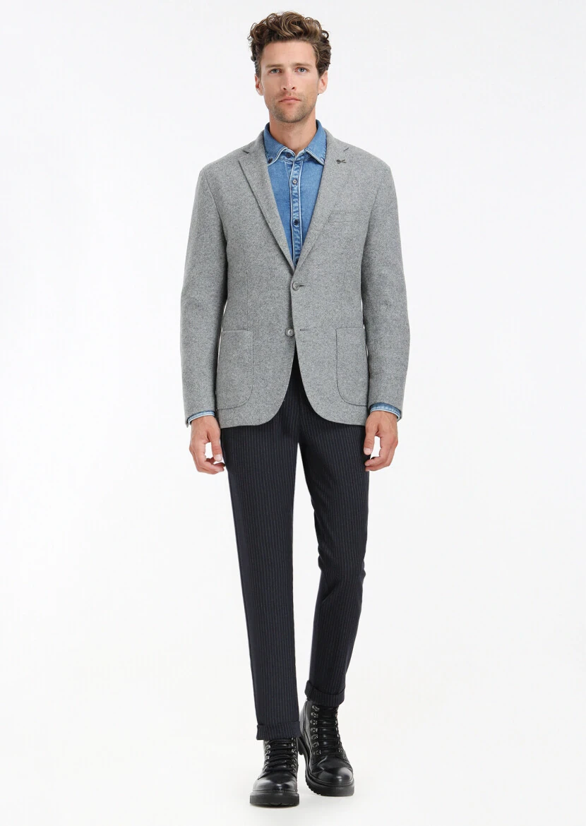 Gri Düz Shirt Shoulder Slim Fit Yün Karışımlı Örme Ceket - 1