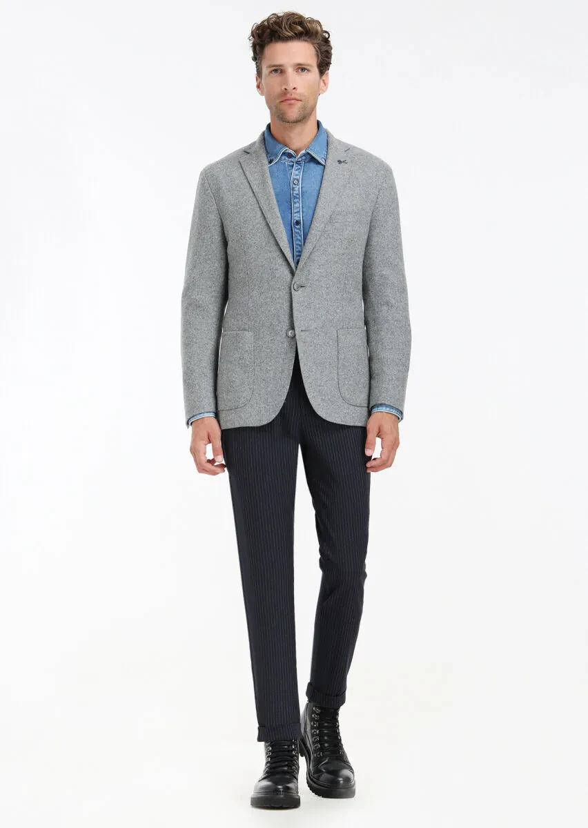 Gri Düz Shirt Shoulder Slim Fit Yün Karışımlı Örme Ceket - 1