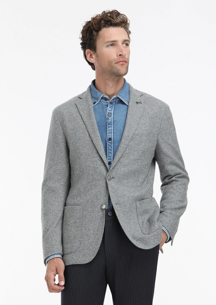 Gri Düz Shirt Shoulder Slim Fit Yün Karışımlı Örme Ceket - 2