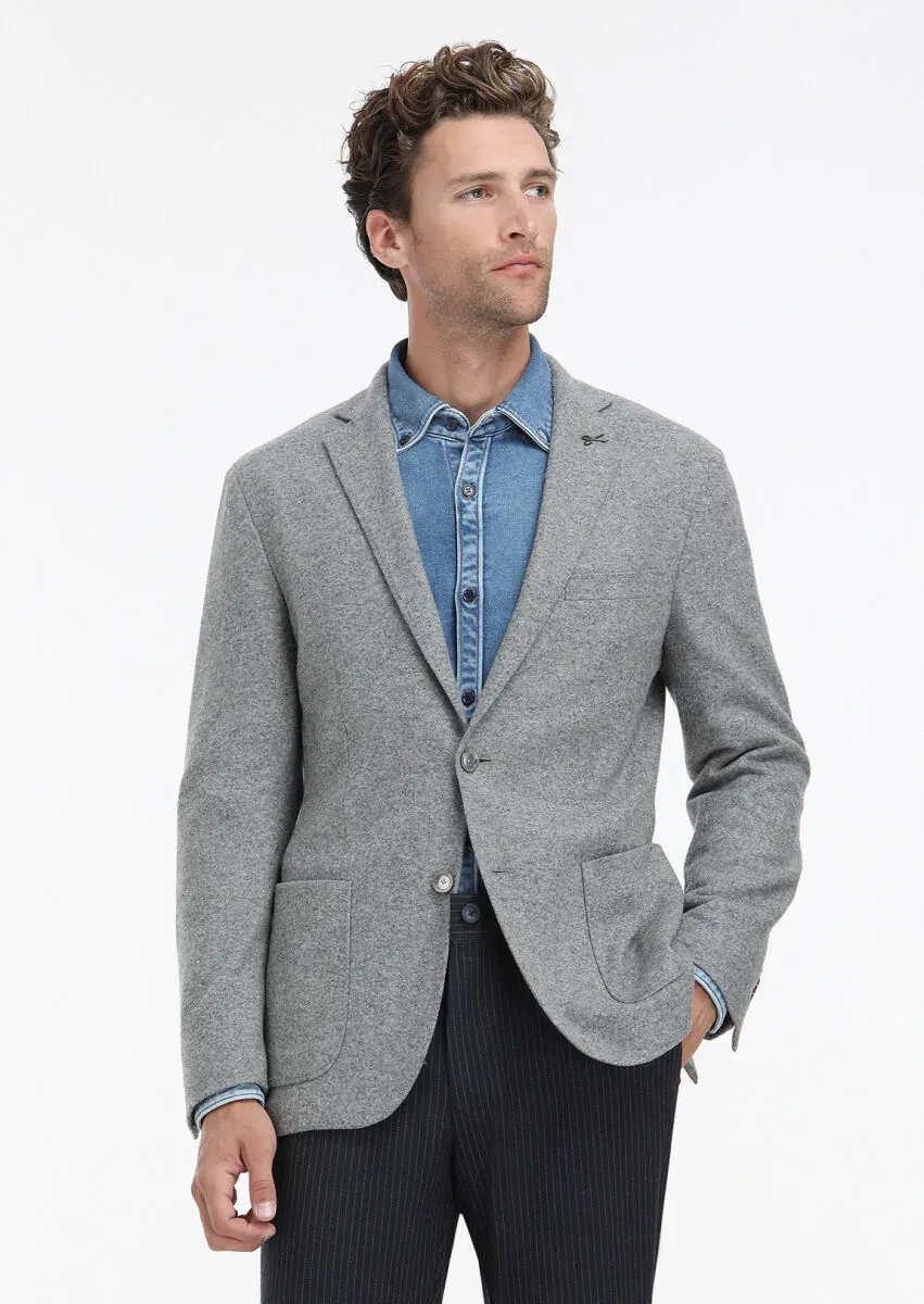 Gri Düz Shirt Shoulder Slim Fit Yün Karışımlı Örme Ceket - 2