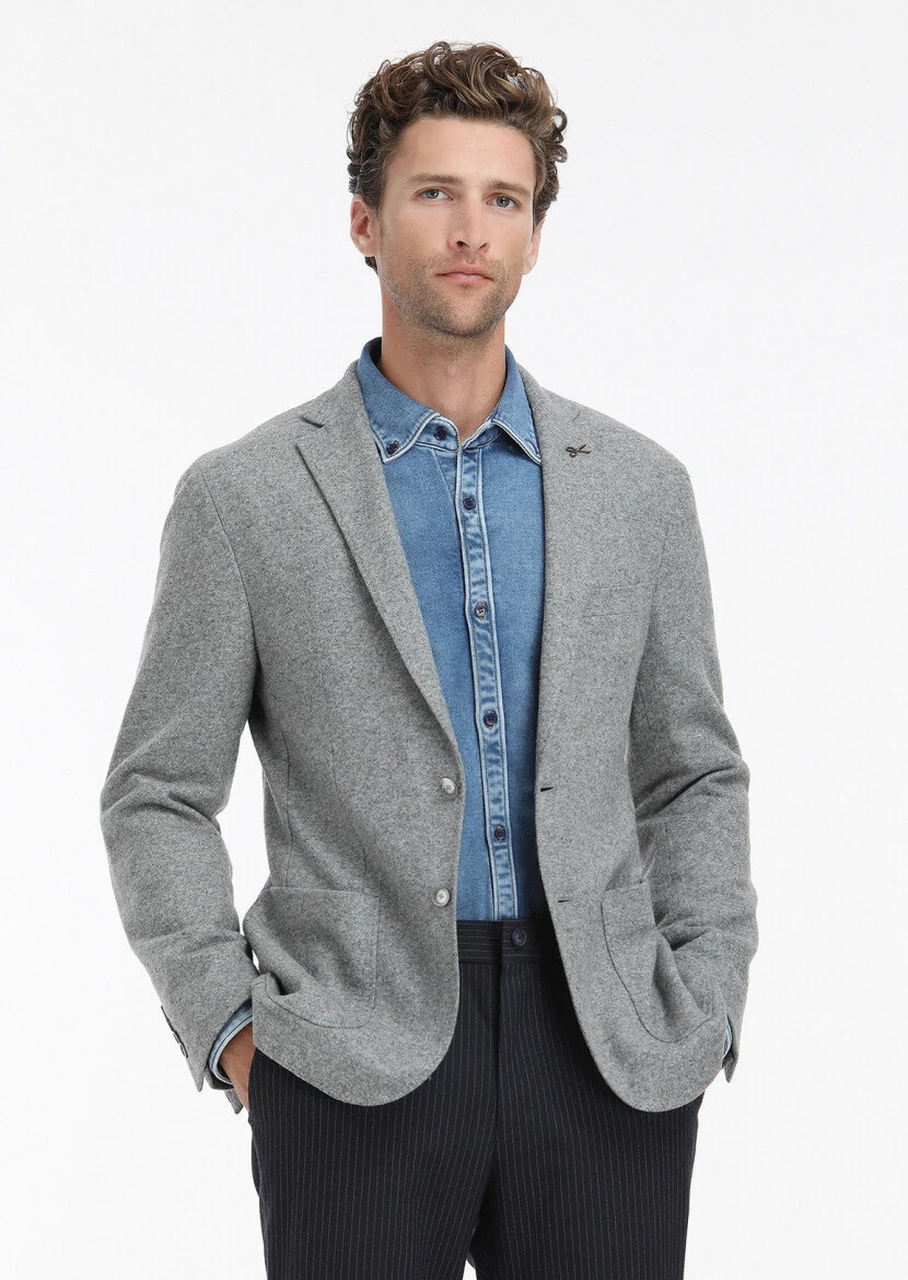 Gri Düz Shirt Shoulder Slim Fit Yün Karışımlı Örme Ceket - 3