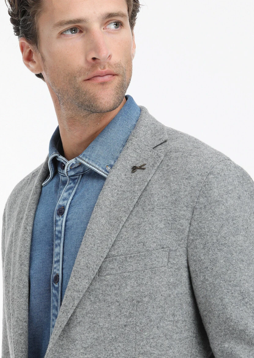 Gri Düz Shirt Shoulder Slim Fit Yün Karışımlı Örme Ceket - 4