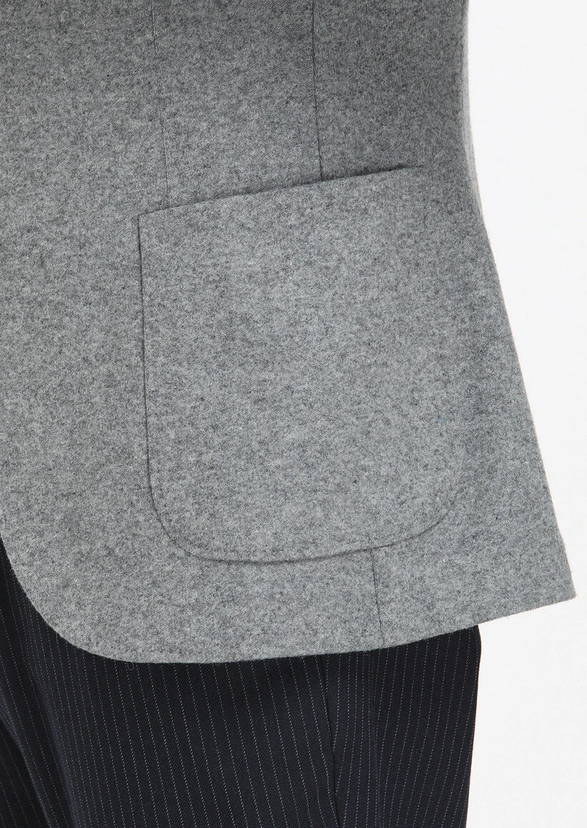 Gri Düz Shirt Shoulder Slim Fit Yün Karışımlı Örme Ceket - 5