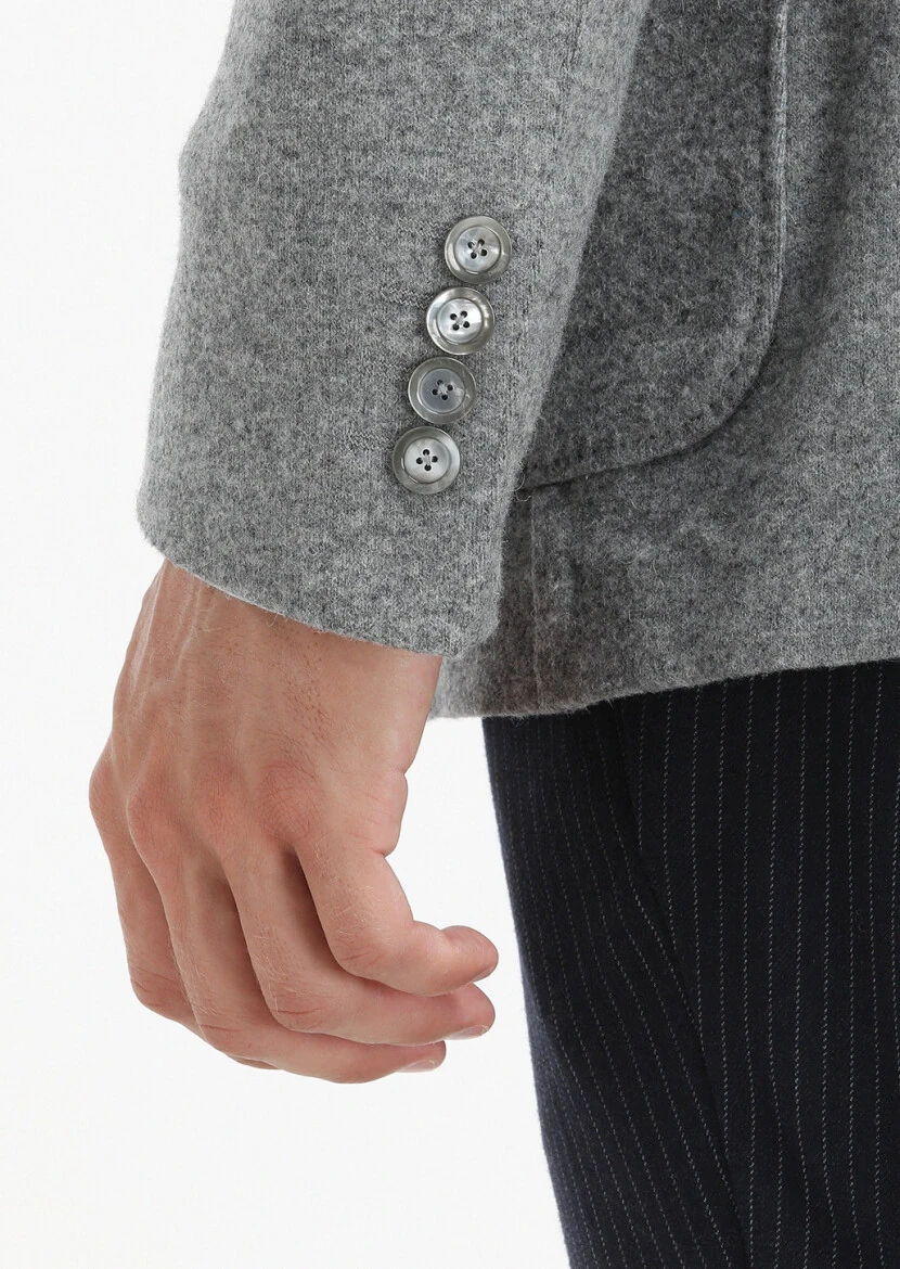 Gri Düz Shirt Shoulder Slim Fit Yün Karışımlı Örme Ceket - 6