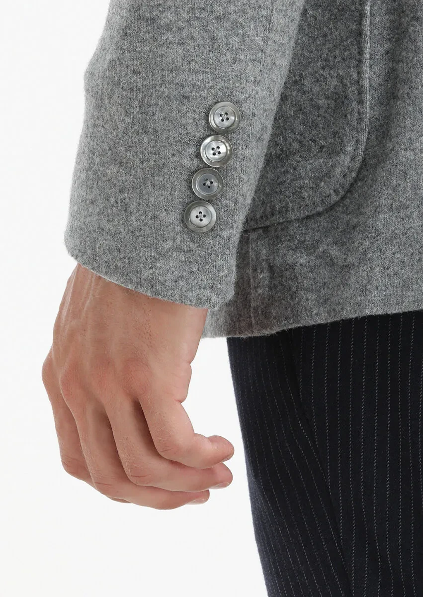 Gri Düz Shirt Shoulder Slim Fit Yün Karışımlı Örme Ceket - 6