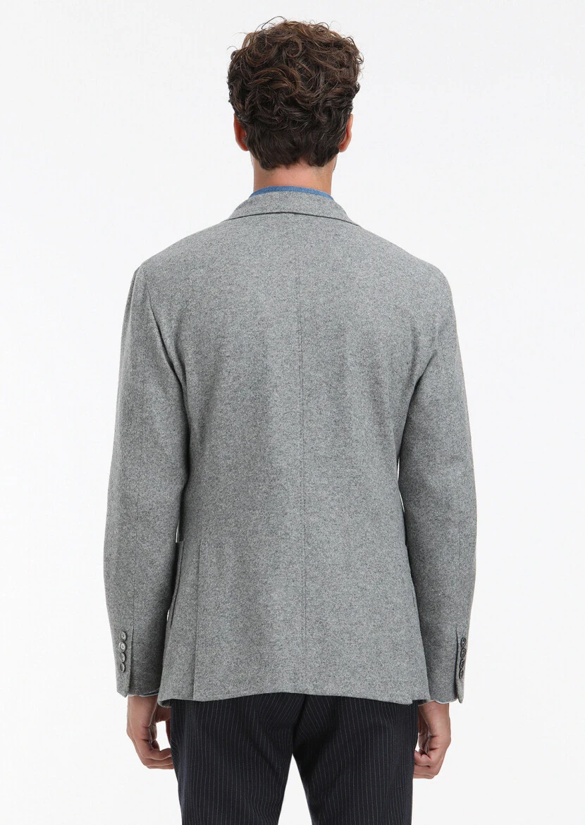Gri Düz Shirt Shoulder Slim Fit Yün Karışımlı Örme Ceket - 8