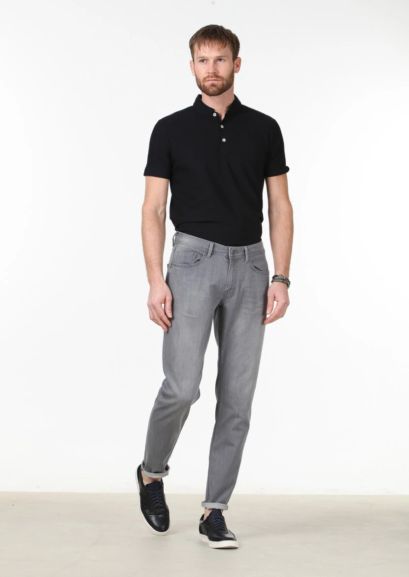 Gri Düz Slim Fit Denim Pamuk Karışımlı Pantolon - 2