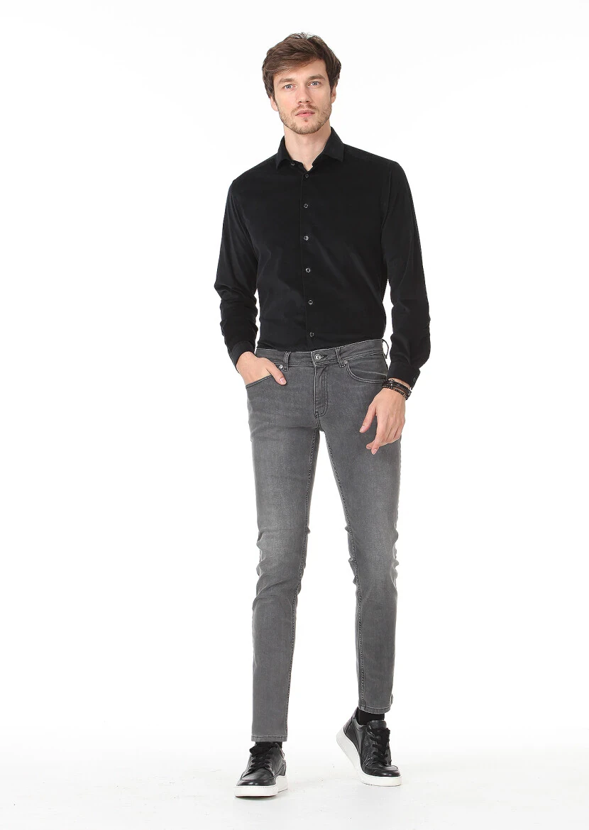 Gri Düz Slim Fit Denim Pamuk Karışımlı Pantolon - 1