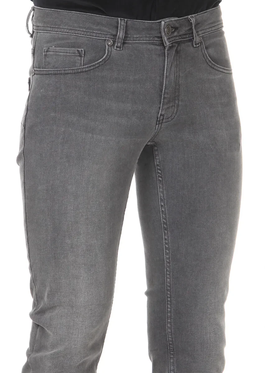 Gri Düz Slim Fit Denim Pamuk Karışımlı Pantolon - 3