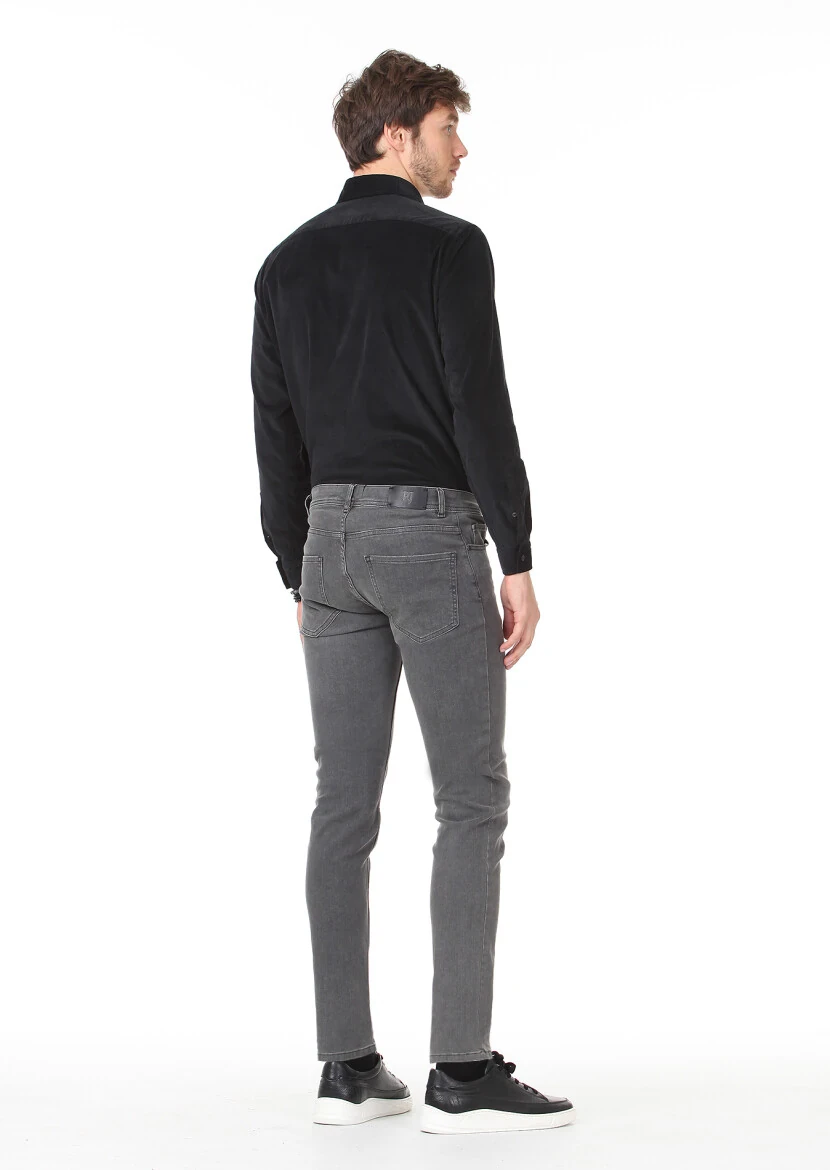 Gri Düz Slim Fit Denim Pamuk Karışımlı Pantolon - 4
