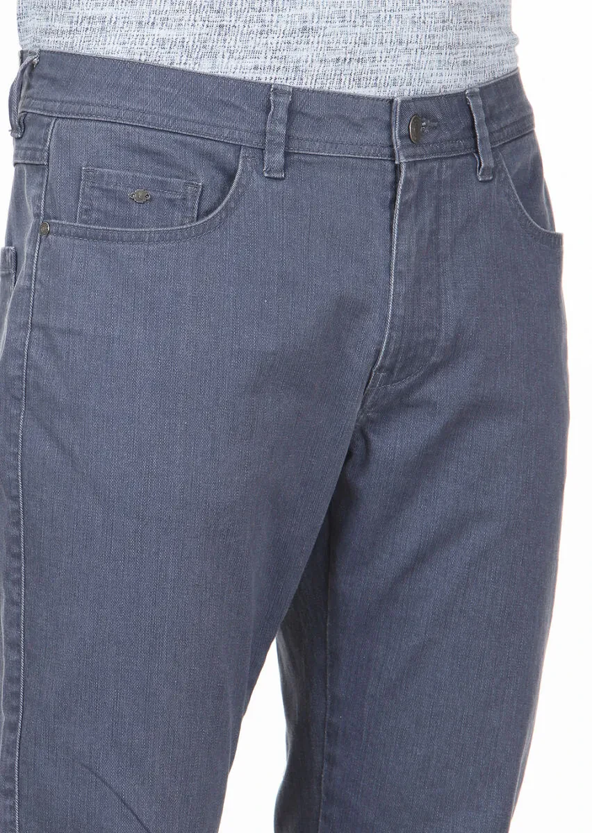 Gri Düz Slim Fit Denim Pamuk Karışımlı Pantolon - 3