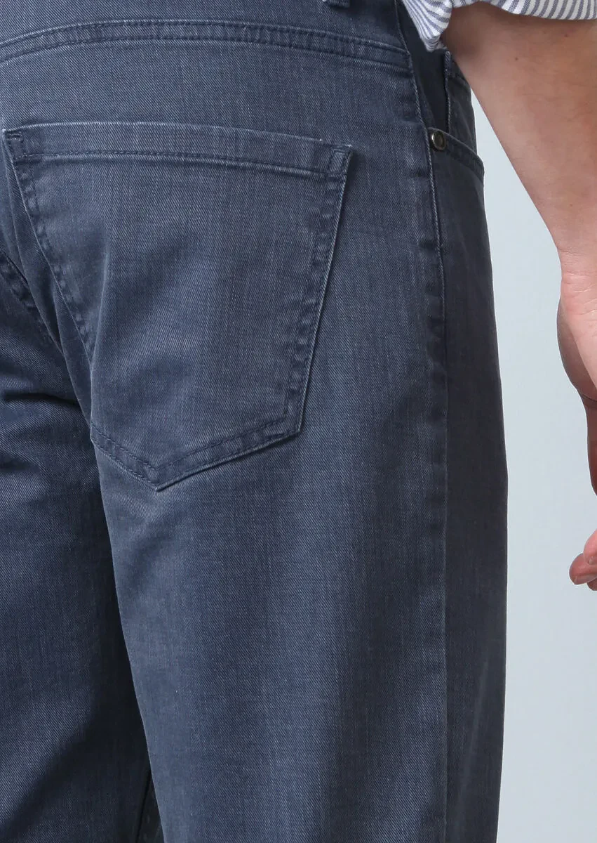 Gri Düz Slim Fit Denim Pamuk Karışımlı Pantolon - 5