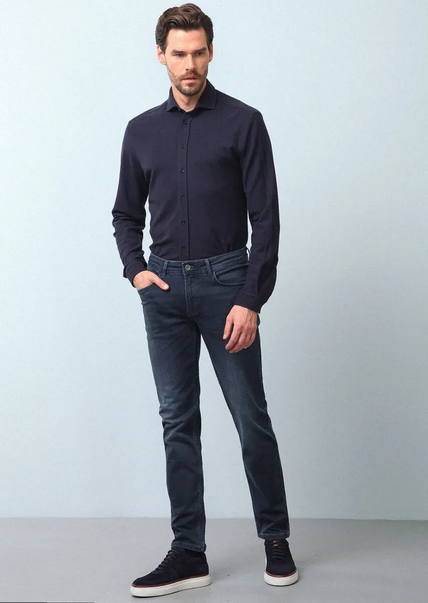 Gri Düz Slim Fit Denim Pamuk Karışımlı Pantolon - 1