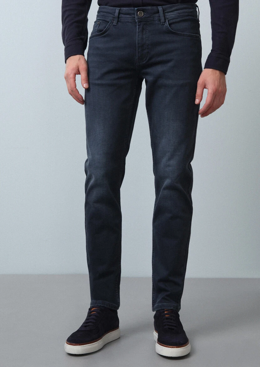 Gri Düz Slim Fit Denim Pamuk Karışımlı Pantolon - 3