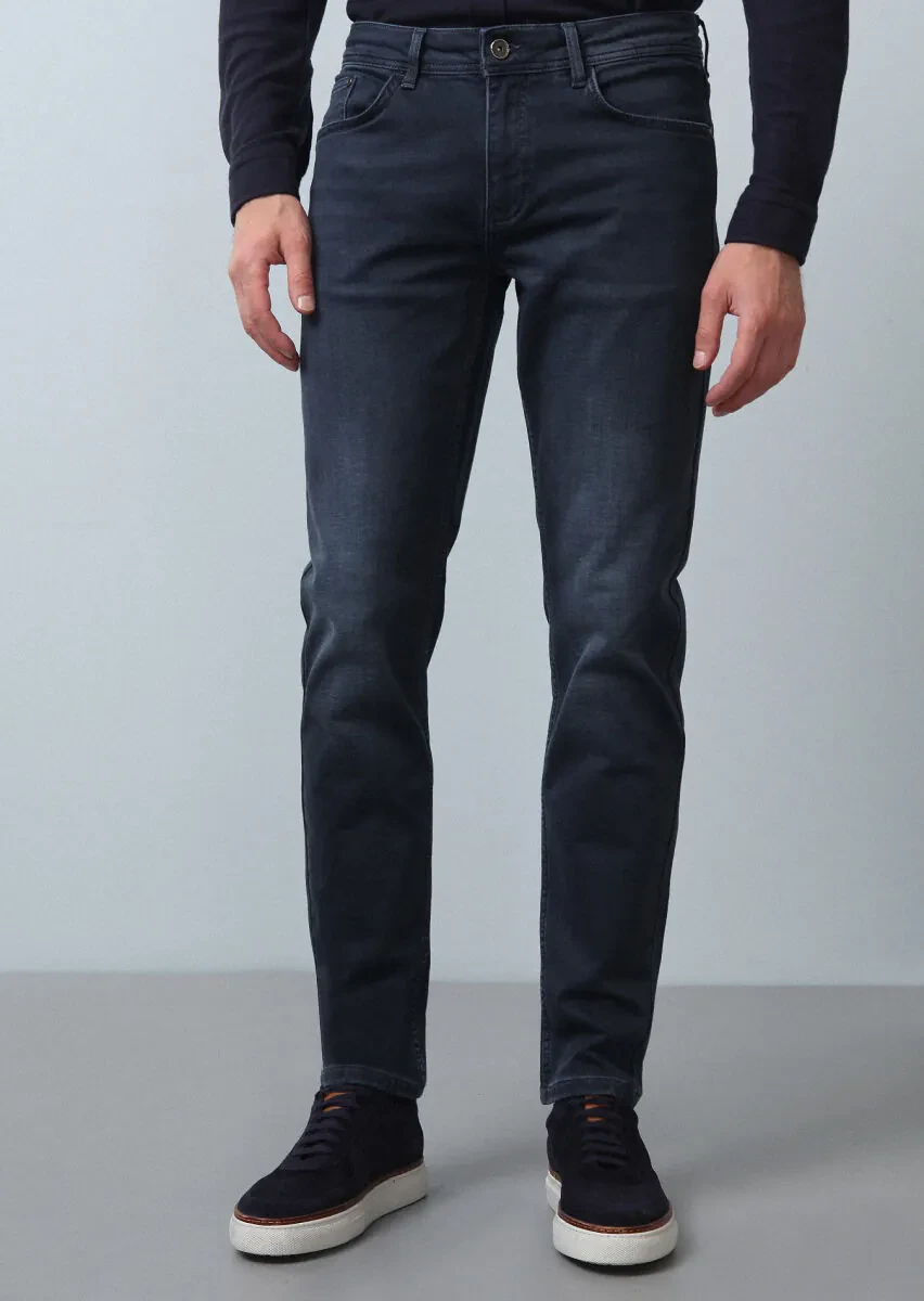 Gri Düz Slim Fit Denim Pamuk Karışımlı Pantolon - 3