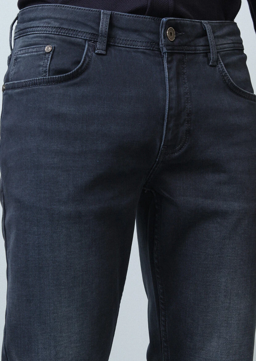 Gri Düz Slim Fit Denim Pamuk Karışımlı Pantolon - 4