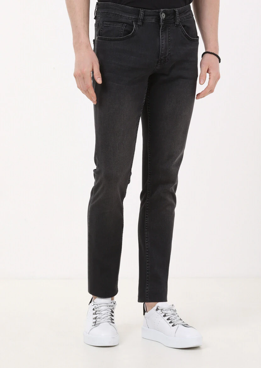 Gri Düz Slim Fit Denim Pamuk Karışımlı Pantolon - 3