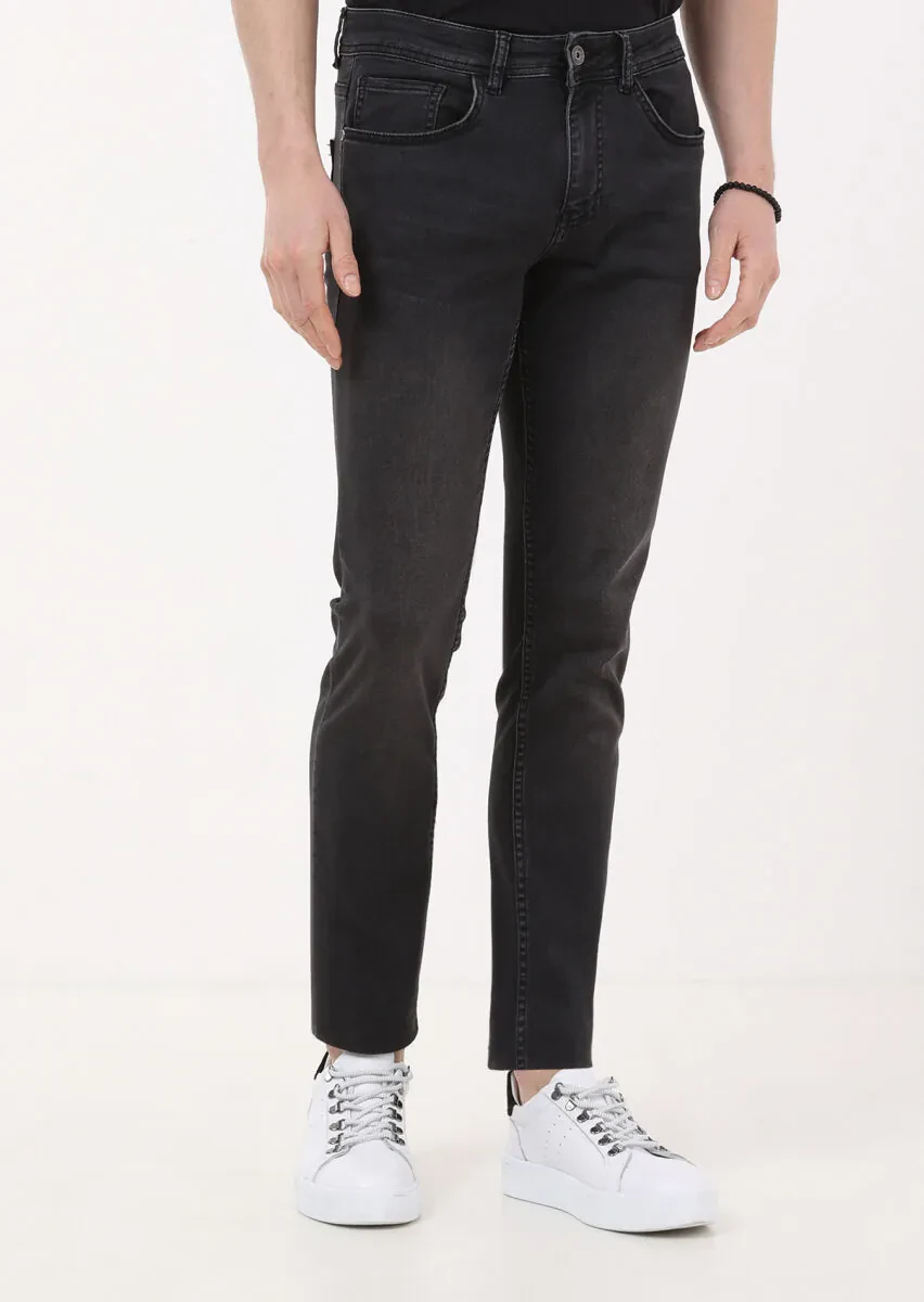 Gri Düz Slim Fit Denim Pamuk Karışımlı Pantolon - 3