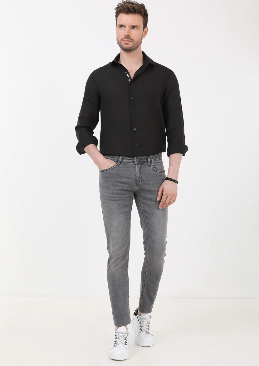 Gri Düz Slim Fit Denim Pamuk Karışımlı Pantolon - 1