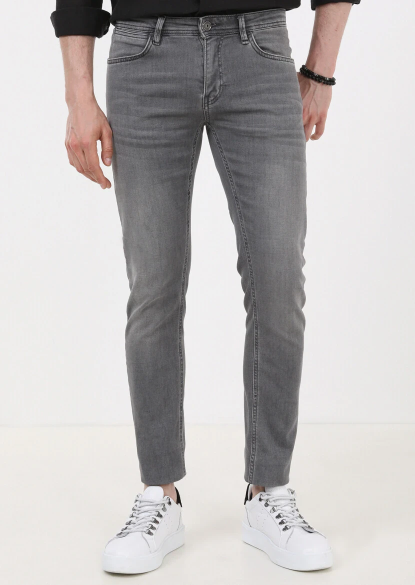Gri Düz Slim Fit Denim Pamuk Karışımlı Pantolon - 2