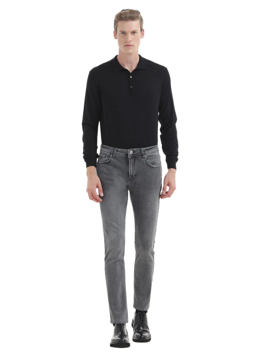 Gri Düz Slim Fit Denim Pamuk Karışımlı Pantolon - 1