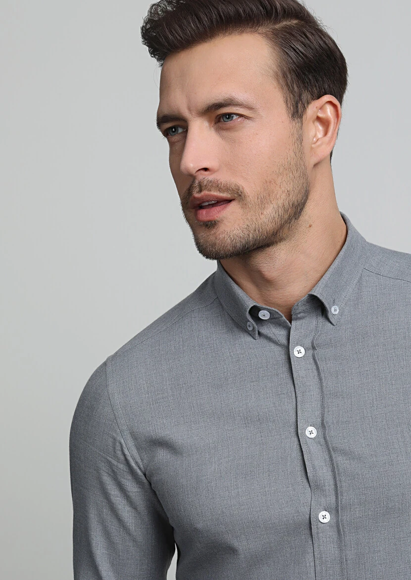 Gri Düz Slim Fit Dokuma Casual %100 Pamuk Gömlek 