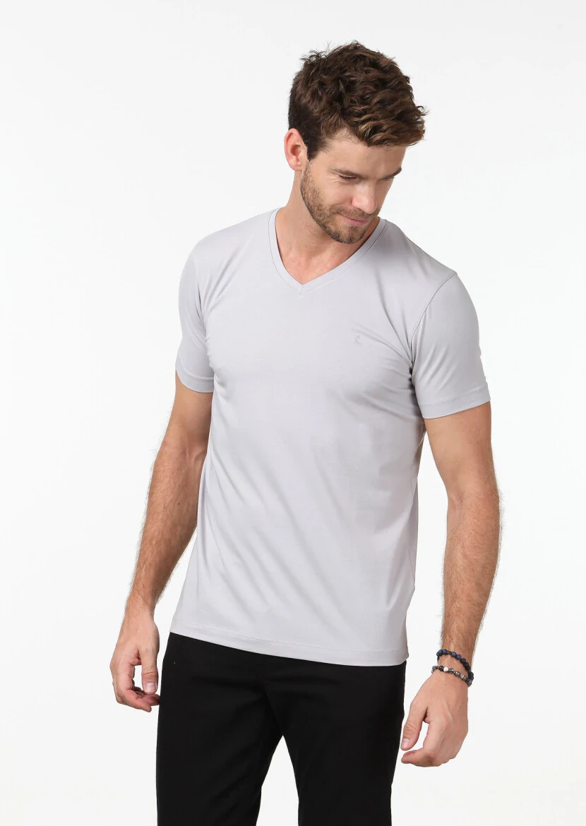 Gri Düz V Yaka Pamuk Karışımlı T-Shirt - 1