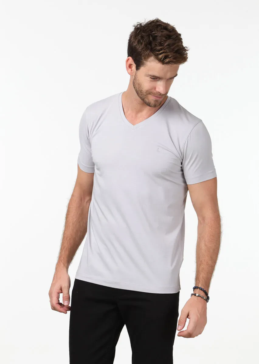 Gri Düz V Yaka Pamuk Karışımlı T-Shirt - 1