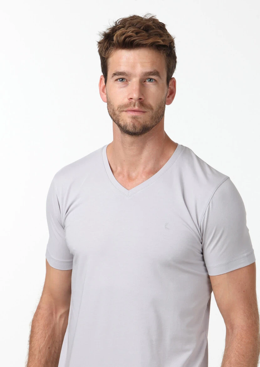 Gri Düz V Yaka Pamuk Karışımlı T-Shirt - 3