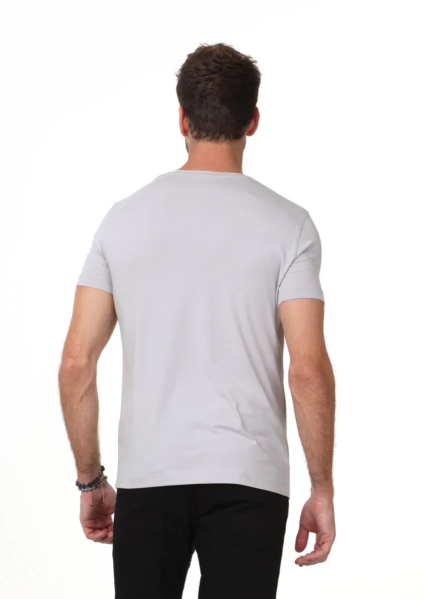 Gri Düz V Yaka Pamuk Karışımlı T-Shirt - 4