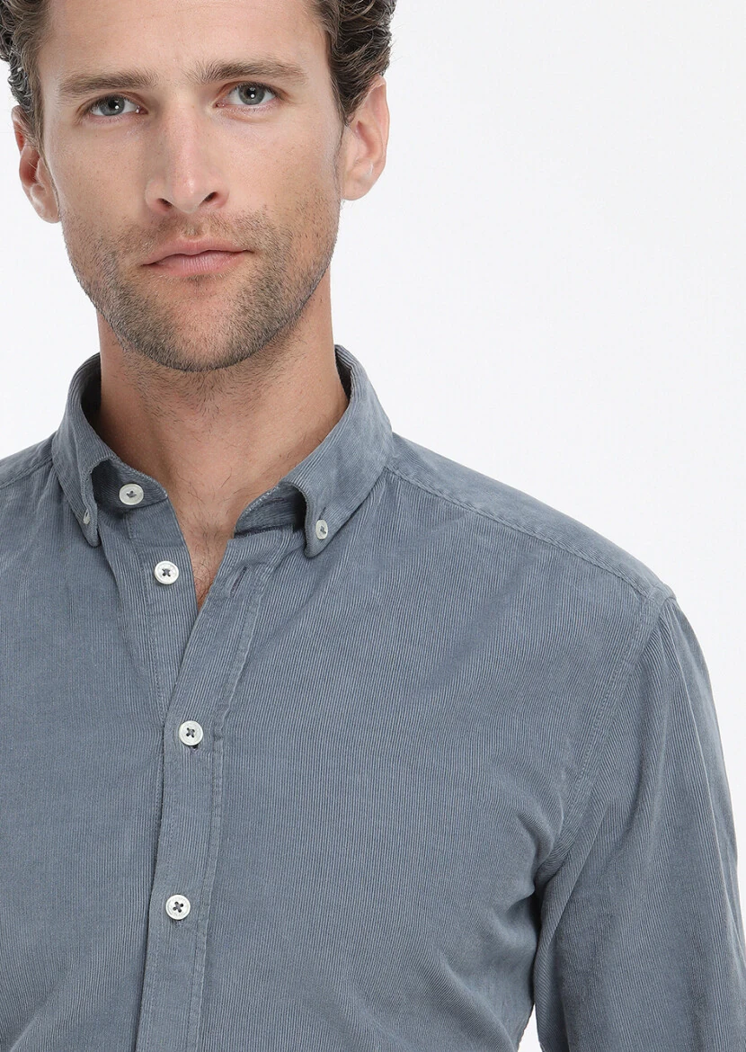 Gri Fitilli Regular Fit Dokuma Kadife Casual %100 Pamuk Gömlek 