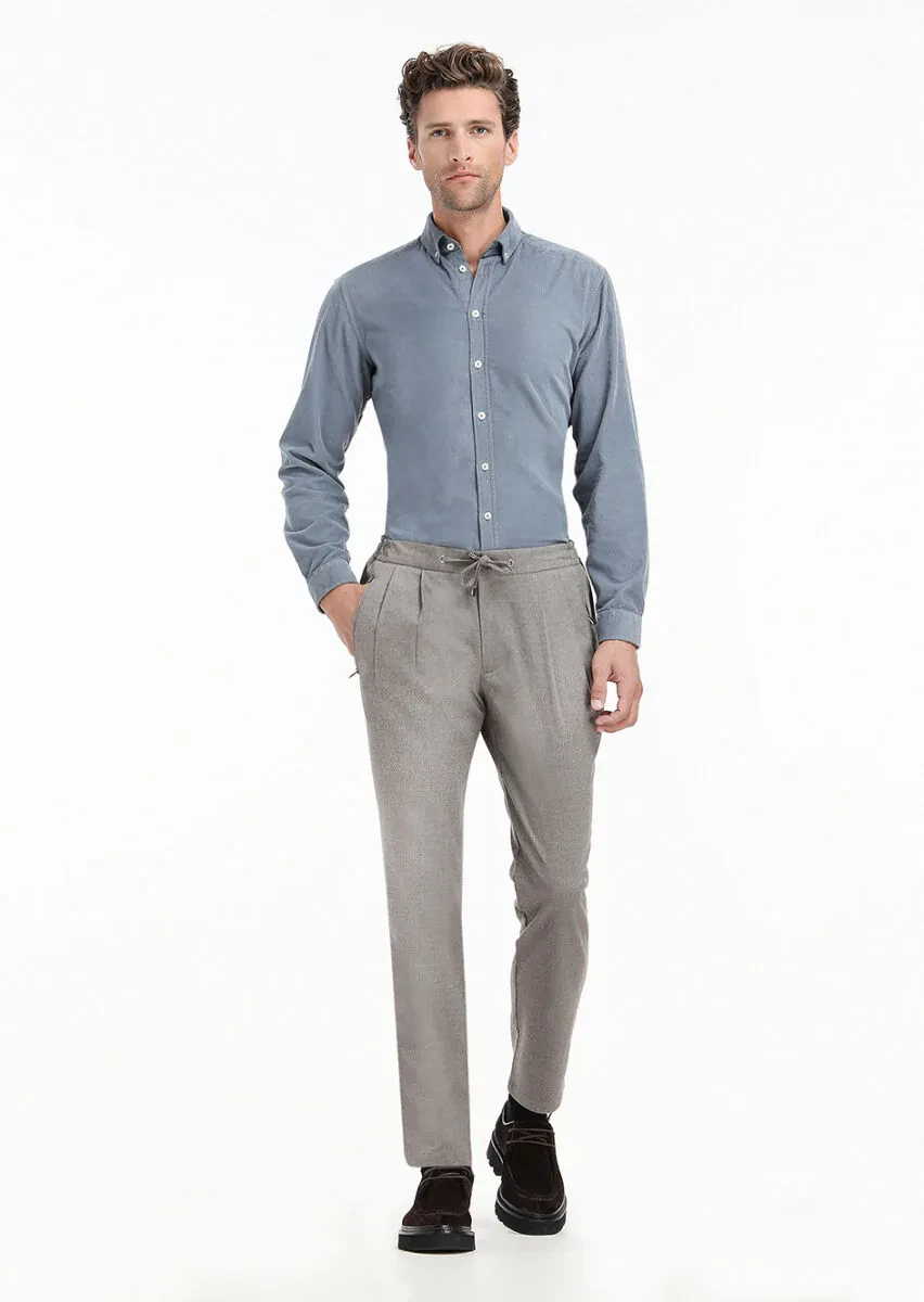 Gri Fitilli Regular Fit Dokuma Kadife Casual %100 Pamuk Gömlek - 3