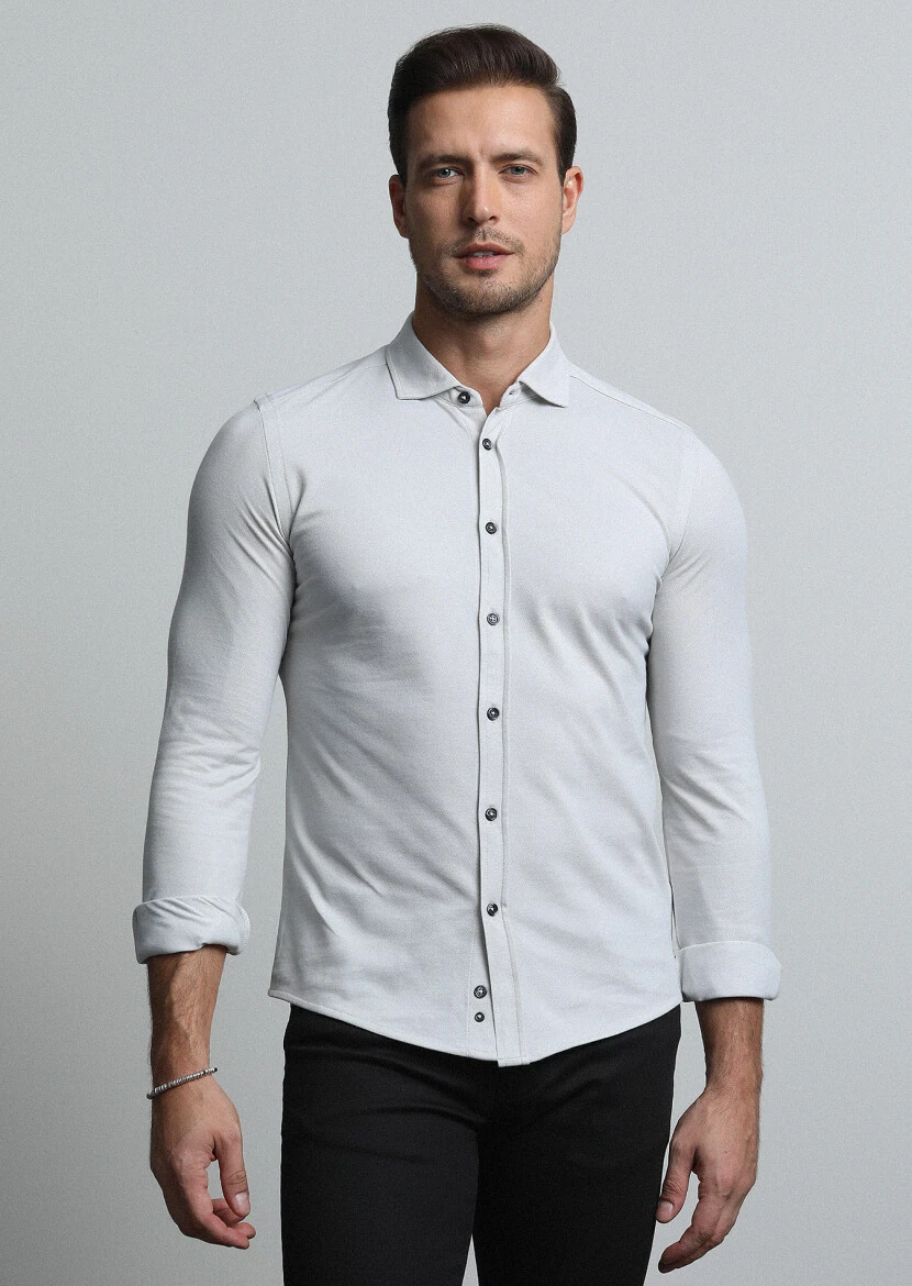 Gri Fitted Fit Casual Pamuk Karışımlı Gömlek - 1