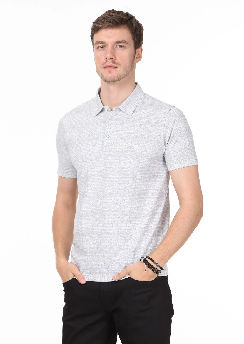Gri Jakarlı Polo Yaka %100 Pamuk T-Shirt 