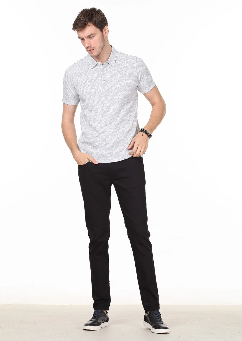 Gri Jakarlı Polo Yaka %100 Pamuk T-Shirt - 3