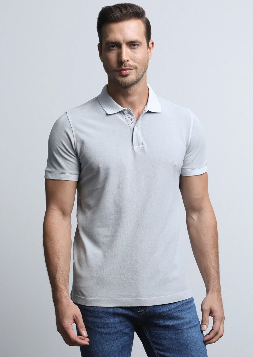 Gri Jakarlı Polo Yaka %100 Pamuk T-Shirt - 2