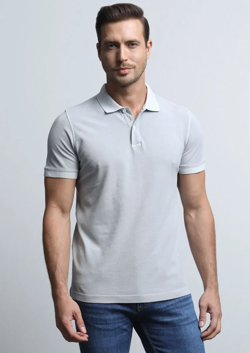 Gri Jakarlı Polo Yaka %100 Pamuk T-Shirt - 2