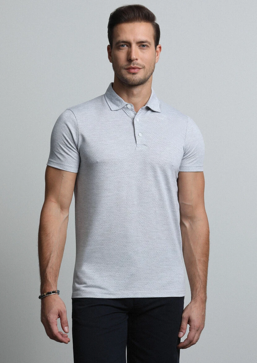 Gri Jakarlı Polo Yaka %100 Pamuk T-Shirt - 2