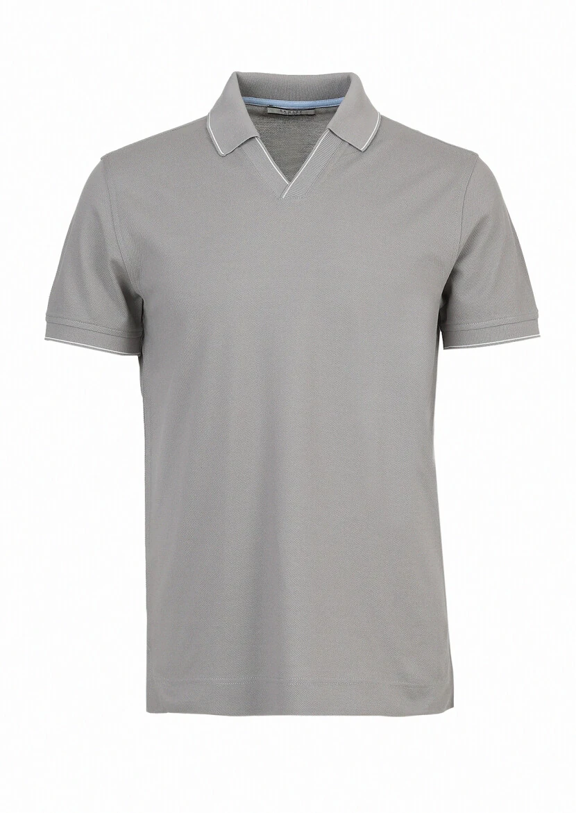 Gri Jakarlı Polo Yaka %100 Pamuk T-Shirt - 7